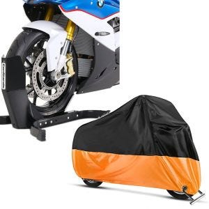 Set: Motorradwippe Easy Plus Vorderradwippe Motorradständer bis 21" schwarz + Abdeckplane Harley Softail Street Bob / Fat Bob / 114 XXL in -orange_1