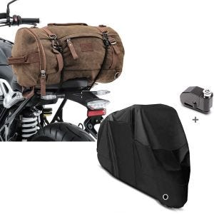 Set: Hecktasche Vintage 35L Canvas Rucksack Gepäckrolle braun + Set Abdeckplane XL + Alarm Bremsscheibenschloss Faltgarage_1