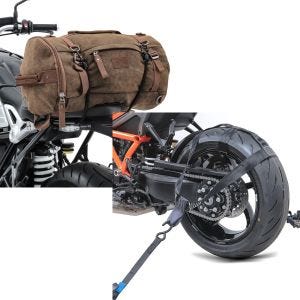 Set: Hecktasche Vintage 35L Canvas Rucksack Gepäckrolle braun + Hinterrad Zurrgurt mit 4x Ratschen-Spanngurten Set Abspanngurt_1
