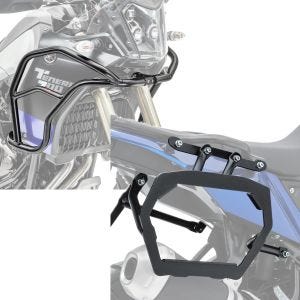 Sett: Kåpebeskyttelsesstang XL egnet for Yamaha Tenere 700 19-24 Motoguard tank-krasjbøyle på toppen + bagasjeholder egnet for Yamaha Tenere 700 19-24 Bagtecs SLP for aluminiumskofferter og salvesker