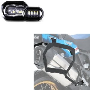 Sett: LED-frontlykt egnet for BMW F 650 GS 08-12 hovedlykt med ECE Lumitecs QL2 + taskeholder egnet for BMW F 650 GS 08-12 SLP for aluminiumskofferter og salvesker Bagtecs