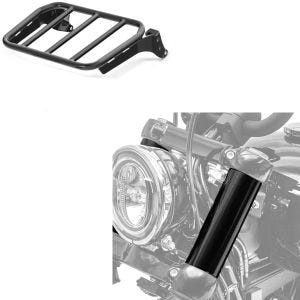 Set: Gepäckträger für Sissybar für Harley Softail 18-21 schwarz Craftride + Gabelcover für Harley Davidson Street Bob 18-21 Gabel Abdeckung Craftride GC2_1