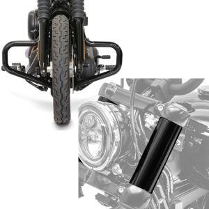 Set: Sturzbügel Mustache für Harley Softail Street Bob / Low Rider 18-21 schwarz Craftride + Gabelcover für Harley Davidson Street Bob 18-21 Gabel Abdeckung Craftride GC2_1
