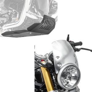 Sett: Motorbeskyttelse egnet for BMW R NineT 14-23 Motoguard aluminium frontspoiler undervognsbeskyttelse svart + frontrute egnet for BMW R NineT 14-23 frontrute Craftride CW9 sølv