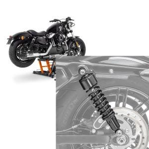 Set: Hebebühne Harley Davidson Sportster 883 Iron ConStands Mid-Lift L in orange + Stoßdämpfer 11,9 Zoll Harley Davidson Sportster 883 Iron 09-20 Craftride schwarz_1