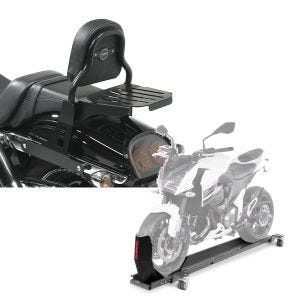 Set: Sissy Bar CSS Fix für Harley Dyna Fat Bob 10-17 mit Gepäckträger schwarz Craftride + Rangierschiene Harley Dyna Fat Bob ConStands Smart-Mover mit Wippe grau_1