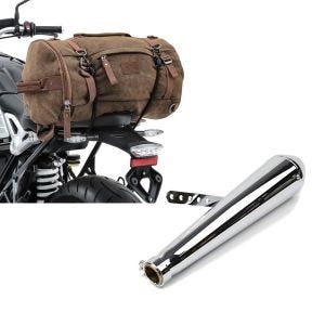 Set: Hecktasche Vintage 25L für Triumph Bonneville T120 / T100 braun Craftride + Craftride Endschalldämpfer Triumph Bonneville / SE / T120 / T100 Caferacer Cone chrom_1