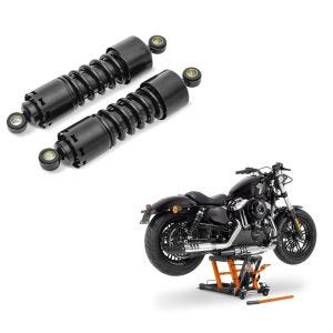 Set: Stoßdämpfer 11 Zoll Harley Sportster 883 Iron Federbeine von Craftride schwarz + Hebebühne Harley Davidson Sportster 883 Iron ConStands Mid-Lift L in orange_1