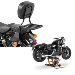 Set: Sissybar Harley Sportster 883 Iron (XL 883 N) 09-20 Craftride Fast Driver-S inkl. Gepäckträger schwarz + Hebebühne Harley Davidson Sportster 883 Iron ConStands Mid-Lift L in orange_1