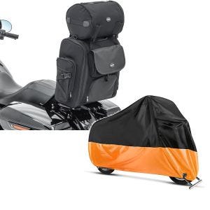Set: Sissybar Tasche für Harley V-Rod / Muscle Hecktasche Craftride SXL mit Gepäckrolle + Abdeckplane Harley Street Rod 750 - V-Rod / Muscle Craftride XXL in schwarz-orange_1