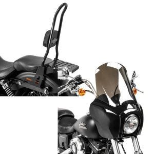 Set: Sissybar für Harley Davidson Street Bob 09-17/LR Craftride Fast Rider-XL inkl. Gepäckträger schwarz + Frontverkleidung für Harley Dyna Low Rider / Street Bob Craftride MG5 mit Scheibe schwarz-rauchgrau_1