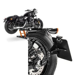 Set: Hebebühne Harley Davidson Sportster 883 Iron ConStands Mid-Lift L in orange + Seitlicher Kennzeichenhalter für Harley Sportster 883 Iron 09-20 Craftride schwarz_1