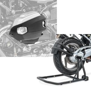 Set: Zylinderschutz für BMW R NineT Pure / Racer 17-21 Ventildeckelschutz Motoguard CP4 + Einarmständer BMW R NineT Racer 17-21 Montageständer ConStands Single-Classic schwarz_1