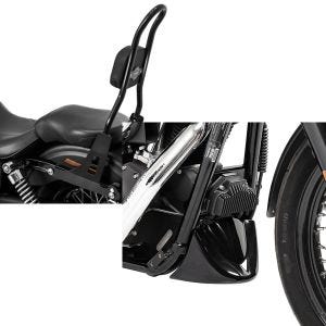 Sett: Sissy bar egnet for Harley Davidson Dyna Super Glide Custom 06-15 Craftride Fast Rider-L svart + frontspoiler egnet for Harley Davidson Dyna Super Glide Custom 06-15 Craftride