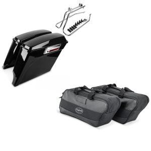 Set: Seitenkoffer Set für Harley Davidson Heritage Softail Classic 88-17 Craftride Stretched inkl Träger chrom + Innentasche Seitenkoffer für Harley Heritage Softail Classic / 114 Craftride 19Ltr schwarz_1