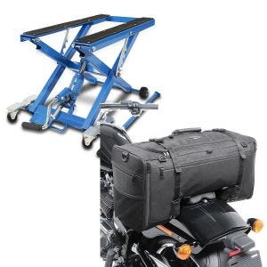 Set: Hydraulische Hebebühne Harley Davidson Softail Custom ConStands Mid-Lift XL blau + Hecktasche für Harley Softail Custom SQ1 Craftride 52l schwarz_1