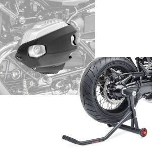 Set: Zylinderschutz für BMW R NineT Pure / Racer 17-21 Ventildeckelschutz Motoguard CP4 + Einarmständer BMW R NineT Racer 17-21 Montageständer ConStands Single-Racing schwarz matt_1
