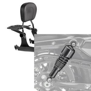 Set: Sissybar Harley Sportster 883 Iron 09-20 Craftride Fast Driver-M Flex inkl. Gepäckträger schwarz + Stoßdämpfer 10,5 Zoll Harley Sportster 883 Iron 09-20 Federbeine von Craftride schwarz_1