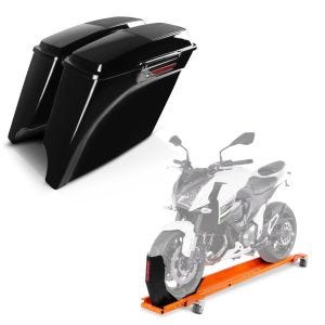 Set: Seitenkoffer Stretched für Harley Road King (FLHR/I) 94-13 Lautsprecher Latch Black Craftride + Rangierschiene Harley Road King / Classic ConStands Smart-Mover mit Wippe orange_1