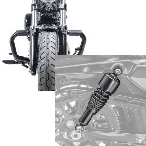 Set: Sturzbügel Mustache II für Harley Davidson Sportster 1200 Custom 04-20 Schutzbügel schwarz Craftride + Stoßdämpfer 10,5 Zoll Harley Sportster 1200 Custom 04-20 Federbeine von Craftride schwarz_1