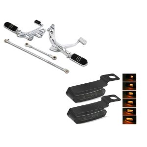 Set: Vorverlegte Fußrastenanlage für Harley Sportster 883 R Roadster 04-13 Craftride chrom + Lenkerblinker für Harley Davidson Sportster 883 R Roadster Lauflicht Blinker LED Lumitecs TS4 getönt_1