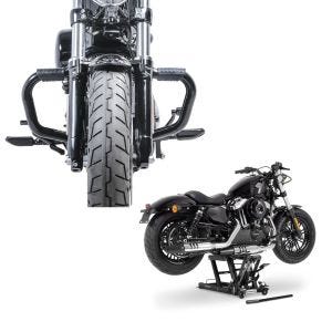 Set: Sturzbügel Mustache II für Harley Davidson Sportster Forty-Eight 48 10-20 Schutzbügel schwarz Craftride + Hebebühne Harley Davidson Sportster Forty-Eight 48 ConStands Mid-Lift L in schwarz_1