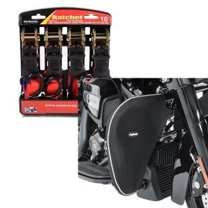 Set: Spanngurt Set Harley Street Glide mit Ratsche und Haken inkl Lastschlaufen ConStands in rot + Sturzbügel Spritzschutz für Harley Street Glide 06-21 Beinwärmer Craftride_1