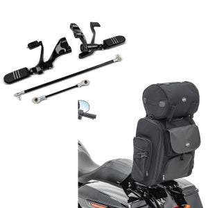 Set: Vorverlegte Fußrastenanlage für Harley Sportster 1200 Roadster 04-08 Craftride schwarz + Sissybar Tasche für Harley Sportster 1200 Roadster Hecktasche Craftride SXL mit Gepäckrolle_1