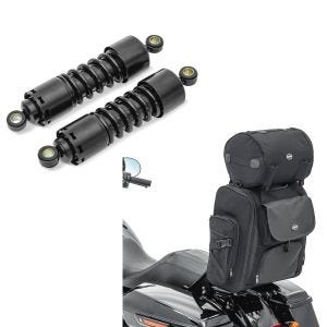 Set: Stoßdämpfer 11 Zoll Harley V-Rod Federbeine von Craftride schwarz + Sissybar Tasche für Harley V-Rod / Muscle Hecktasche Craftride SXL mit Gepäckrolle_1
