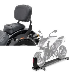 Set: Sissy Bar für Harley Fat Bob 10-17 schwarz CXS Craftride + Rangierschiene Harley Dyna Fat Bob ConStands Smart-Mover mit Wippe grau_1