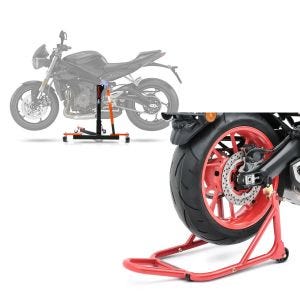 Set: Zentralständer Triumph Street Triple RS 17-21 orange Motorradheber ConStands Power-Evo + Montageständer Hinten für Triumph Street Triple R / RS / Rx rot_1