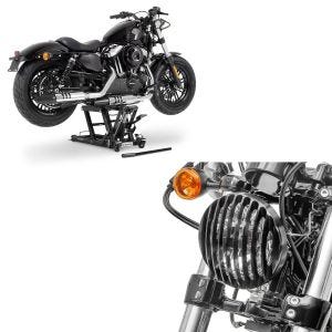 Sett: Lift egnet for chopper / custom sykkel ConStands Midlift L i sort CB11112 + frontlysgrill egnet for Harley Davidson Sportster Forty-Eight 48 10-20 svart fra Craftride