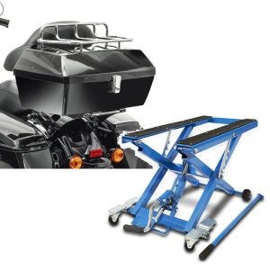 Set: Topcase für Harley Davidson Softail Custom Craftride Missouri 43Ltr abschließbar + Hydraulische Hebebühne Harley Davidson Softail Custom ConStands Mid-Lift XL blau_1