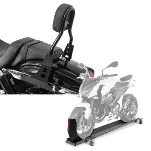 Set: Sissybar Harley Davidson Dyna Fat Bob 10-17 Craftride Fast Driver-M schwarz + Rangierschiene Harley Dyna Fat Bob ConStands Smart-Mover mit Wippe grau_1