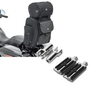 Set: Sissybar Tasche für Harley Softail Deluxe Hecktasche Craftride SXL mit Gepäckrolle + Sozius Fussrasten Set mit Halter für Harley Softail Deluxe 05-17 CR1 chrom Craftride_1