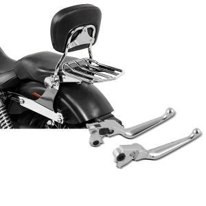 Set: Sissybar Harley Dyna Super Glide Custom 06-15 Craftride Fast Driver-M Flex inkl. Gepäckträger chrom + Bremshebel und Kupplungshebel-Set Grip für Harley Davidson Dyna Super Glide Custom 05-15 chrom Craftride_1