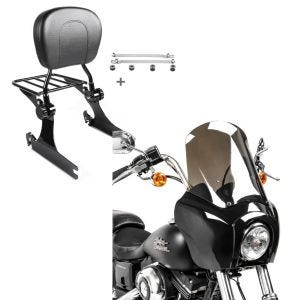 Set: Sissybar Harley Street Bob 09-17 Craftride Fast Driver-L Flex inkl. Gepäckträger schwarz + Frontverkleidung für Harley Dyna Street Bob 06-17 Craftride MG5 mit Scheibe schwarz-rauchgrau_1