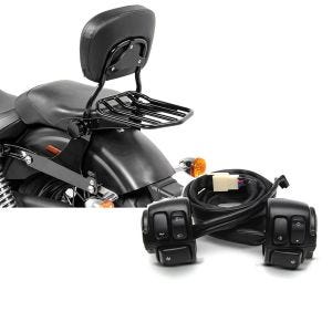 Set: Sissybar Harley Dyna Modelle 2006-2017 Craftride Fast Driver-M Flex inkl. Gepäckträger schwarz + Lenkerschalter für Harley Davidson Dyna Super Glide Custom 05-11 Lenkerarmatur schwarz Craftride_1