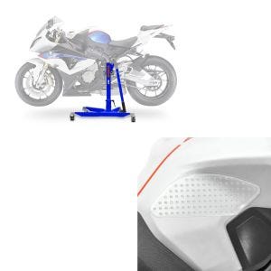 Sett: Sentralstativ BMW S 1000 RR 09-13 blå motorsykkeljekk Power-Classic + sidetank pad gripepute M egnet for BMW S 1000 R / RR / XR