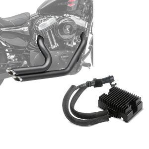 Set: Craftride Auspuff Harley Sportster 1200 Nightster 08-12 Short-Shot Schalldämpfer Set schwarz + Spannungsregler für Harley-Davidson Sportster 09-13 Gleichrichter Laderegler Craftride_1