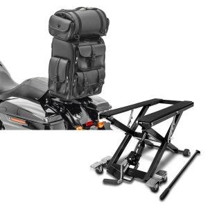 Set: Sissybar Tasche für Harley Freewheeler Hecktasche Craftride DLX mit Gepäckrolle + Hydraulische Hebebühne Harley Davidson Freewheeler ConStands Mid-Lift XL schwarz_1