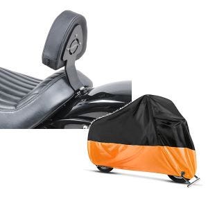 Set: Fahrer Sissybar für Harley Davidson Softail Street Bob 18-21 Fahrer Rückenlehne Craftride + Abdeckplane Harley Softail Street Bob / Fat Bob / 114 Craftride XXL in schwarz-orange_1
