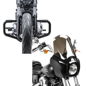 Set: Sturzbügel Mustache II für Harley Dyna Street Bob 06-17 schwarz + Frontverkleidung für Harley Dyna Street Bob 06-17 Craftride MG5 mit Scheibe schwarz-rauchgrau_1