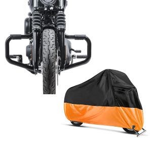 Set: Sturzbügel Mustache II für Harley Softail Street Bob 18-21 schwarz + Abdeckplane Harley Softail Street Bob / Fat Bob / 114 Craftride XXL in schwarz-orange_1
