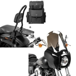 Set: Sissybar CSM + Hecktasche für Harley Dyna Street Bob 09-17, Low Rider S abnehmbar mit Gepäckträger Craftride + Frontverkleidung für Harley Dyna Street Bob 06-17 Craftride MG5 mit Scheibe schwarz-rauchgrau_1