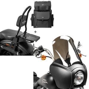 Set: Sissybar CSM + Hecktasche für Harley Dyna Street Bob 09-17, Low Rider S abnehmbar mit Gepäckträger Craftride + Frontverkleidung für Harley Dyna Street Bob 06-17 Craftride MG5 mit Scheibe schwarz-matt rauchgrau_1