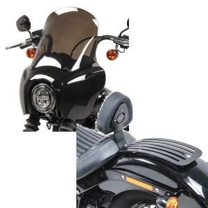 Set: Lampenmaske MG5 für Harley Softail Street Bob 18-20 Lampen Verkleidung rauchgrau Craftride + Set Fahrer Rückenlehne Gepäckträger für Harley Softail Street Bob 18-21 Craftride Sissybar_1
