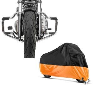 Set: Sturzbügel Mustache für Harley Davidson Softail 18-21 Schutzbügel 32mm chrome Craftride + Abdeckplane Harley Softail Street Bob / Fat Bob / 114 Craftride XXL in schwarz-orange_1