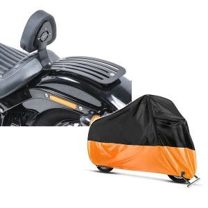 Set: Set Fahrer Rückenlehne Gepäckträger für Harley Softail Street Bob 18-21 Craftride Sissybar + Abdeckplane Harley Softail Street Bob / Fat Bob / 114 Craftride XXL in schwarz-orange_1
