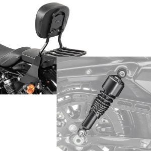Set: Sissybar Harley Sportster 883 Iron (XL 883 N) 09-20 Craftride Fast Driver-S inkl. Gepäckträger schwarz + Stoßdämpfer 10,5 Zoll Harley Sportster 883 Iron 09-20 Federbeine von Craftride schwarz_1